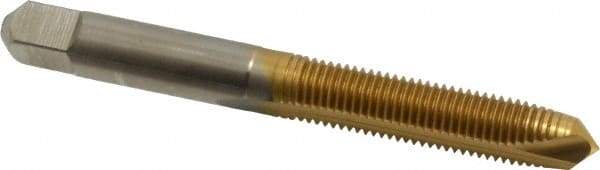 Hertel - M8x1.00 Metric Fine, 2 Flute, TiN Finish, High Speed Steel Spiral Point Tap - Plug Chamfer, Right Hand Thread, 2-23/32" OAL, 1-1/8" Thread Length, 0.318" Shank Diam - Exact Tool & Supply