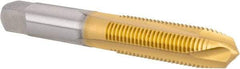 Hertel - M10x1.25 Metric Fine, 3 Flute, TiN Finish, High Speed Steel Spiral Point Tap - Plug Chamfer, Right Hand Thread, 2-15/16" OAL, 1-1/4" Thread Length, 0.381" Shank Diam - Exact Tool & Supply