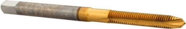 Hertel - M3x0.50 Metric Coarse, 2 Flute, TiN Finish, High Speed Steel Spiral Point Tap - Plug Chamfer, Right Hand Thread, 1-15/16" OAL, 5/8" Thread Length, 0.141" Shank Diam - Exact Tool & Supply