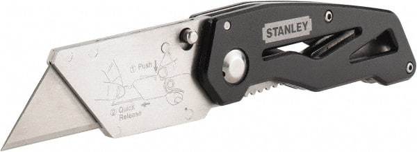 Stanley - Fixed Folding Utility Knife - 2-7/16" Blade, Silver & Black Aluminum Handle, 1 Blade Included - Exact Tool & Supply