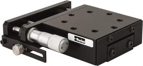 Parker - 62 Lb. Capacity, 10-32 Mount Hole, 1/2" Travel, Precision Ball Bearing Table with Side Drive - Single Axis, 8 Mounting Holes, 2.56" Long x 2.62" Wide x 1" High - Exact Tool & Supply