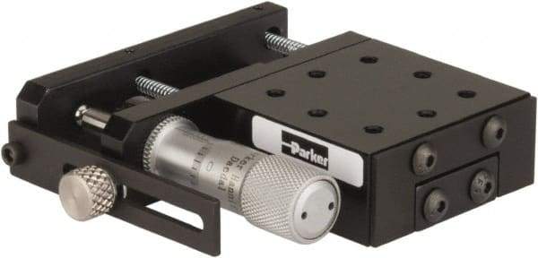 Parker - 25 Lb. Capacity, 6-32 Mount Hole, 1/2" Travel, Precision Ball Bearing Table with Side Drive - Single Axis, 8 Mounting Holes, 1-3/4" Long x 1-3/4" Wide x 3/4" High - Exact Tool & Supply