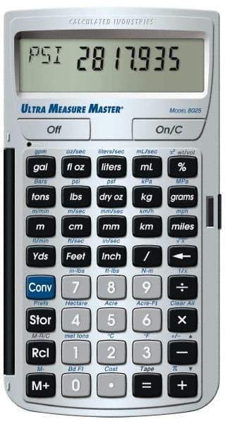 Calculated Industries - 11-Digit LCD (7 Normal & 4 Fractions) 400 Function Handheld Calculator - 0.73" x 2.56" (19.00mm x 65.0mm) Display Size, Silver, CR-2016 Powered, 7" Long x 5" Wide x 1" High - Exact Tool & Supply