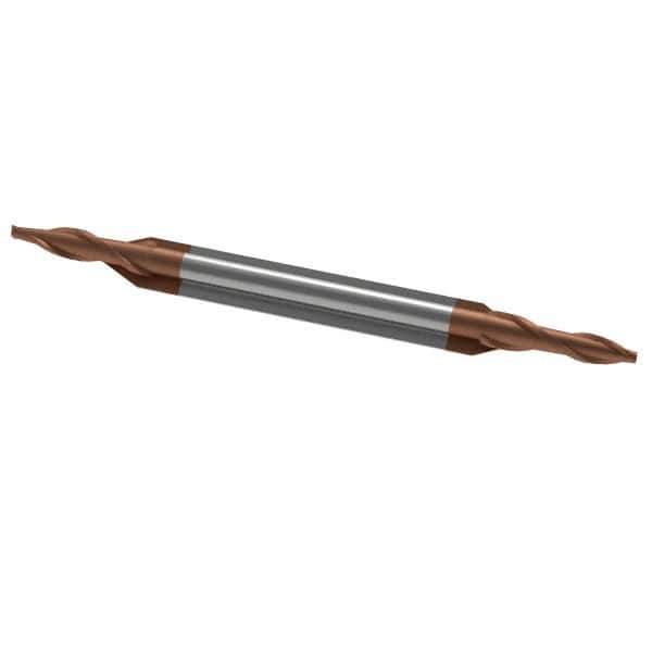 Accupro - 1/16", 1/8" LOC, 1/8" Shank Diam, 1-1/2" OAL, 2 Flute, Solid Carbide Square End Mill - Double End, TiCN Finish, Spiral Flute, 30° Helix, Centercutting, Right Hand Cut, Right Hand Flute - Exact Tool & Supply
