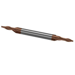 Accupro - 1/16", 1/8" LOC, 1/8" Shank Diam, 1-1/2" OAL, 2 Flute, Solid Carbide Square End Mill - Double End, TiCN Finish, Spiral Flute, 30° Helix, Centercutting, Right Hand Cut, Right Hand Flute - Exact Tool & Supply