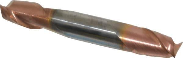 Accupro - 3/8", 1/2" LOC, 3/8" Shank Diam, 2-1/2" OAL, 2 Flute, Solid Carbide Square End Mill - Double End, TiCN Finish, Spiral Flute, 40° Helix, Centercutting, Right Hand Cut, Right Hand Flute - Exact Tool & Supply
