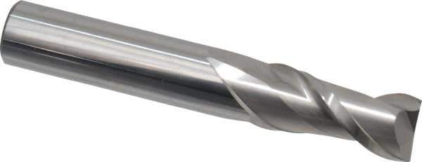 Accupro - 9/16", 1-1/4" LOC, 9/16" Shank Diam, 3-1/2" OAL, 2 Flute, Solid Carbide Square End Mill - Single End, Uncoated, Spiral Flute, 40° Helix, Centercutting, Right Hand Cut, Right Hand Flute - Exact Tool & Supply