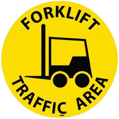 NMC - Forklift Traffic Area, Anti-Skid Pressure-Sensitive Vinyl Floor Sign - Round, Black on Yellow, Adhesive Backed, For Accident Prevention - Exact Tool & Supply