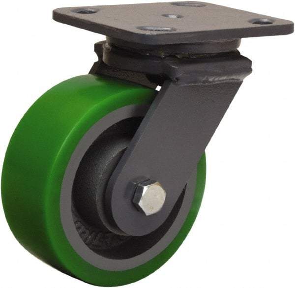 Hamilton - 5" Diam x 2" Wide x 6-1/2" OAH Top Plate Mount Swivel Caster - Polyurethane Mold onto Cast Iron Center, 1,050 Lb Capacity, Tapered Roller Bearing, 4 x 5" Plate - Exact Tool & Supply