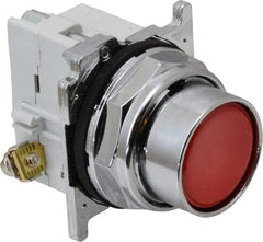 Eaton Cutler-Hammer - 30-1/2mm Mount Hole, Flush, Pushbutton Switch with Contact Block - Round, Red Pushbutton, Nonilluminated, Momentary (MO), Corrosion Resistant, Oiltight and Watertight - Exact Tool & Supply