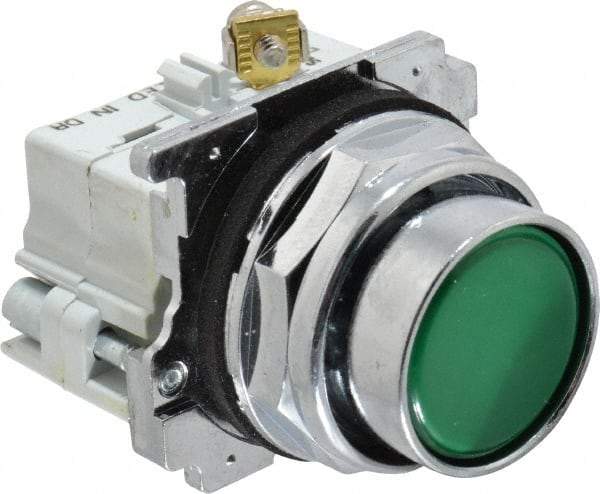 Eaton Cutler-Hammer - 30-1/2mm Mount Hole, Flush, Pushbutton Switch with Contact Block - Round, Green Pushbutton, Nonilluminated, Momentary (MO), Corrosion Resistant, Oiltight and Watertight - Exact Tool & Supply