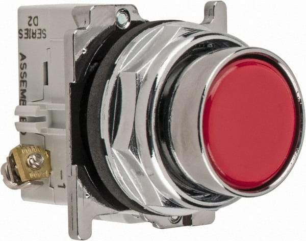 Eaton Cutler-Hammer - 30-1/2mm Mount Hole, Flush, Pushbutton Switch with Contact Block - Round, Red Pushbutton, Nonilluminated, Momentary (MO), Corrosion Resistant, Oiltight and Watertight - Exact Tool & Supply