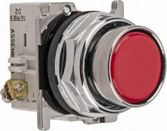 Eaton Cutler-Hammer - 30-1/2mm Mount Hole, Flush, Pushbutton Switch with Contact Block - Round, Red Pushbutton, Nonilluminated, Momentary (MO), Corrosion Resistant, Oiltight and Watertight - Exact Tool & Supply