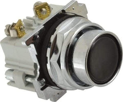 Eaton Cutler-Hammer - 30-1/2mm Mount Hole, Flush, Pushbutton Switch with Contact Block - Round, Black Pushbutton, Nonilluminated, Momentary (MO), Corrosion Resistant, Oiltight and Watertight - Exact Tool & Supply