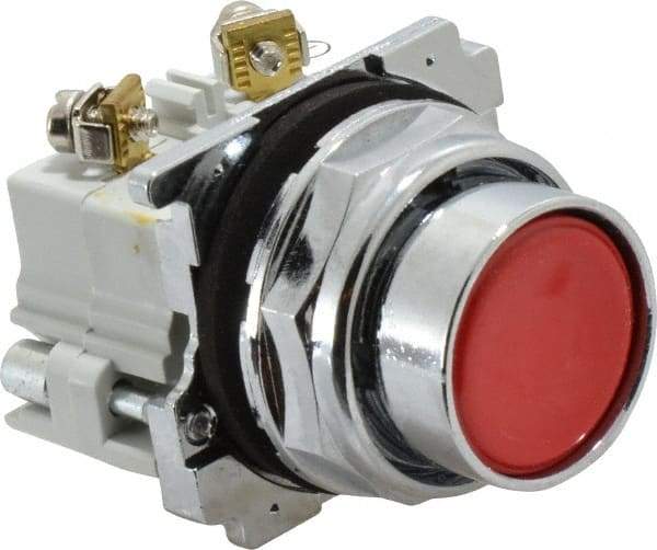 Eaton Cutler-Hammer - 30-1/2mm Mount Hole, Flush, Pushbutton Switch with Contact Block - Round, Red Pushbutton, Nonilluminated, Momentary (MO), Corrosion Resistant, Oiltight and Watertight - Exact Tool & Supply