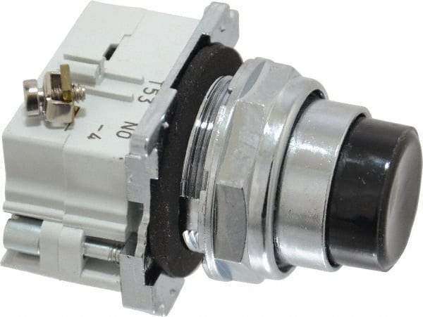 Eaton Cutler-Hammer - 30-1/2mm Mount Hole, Extended Straight, Pushbutton Switch with Contact Block - Round, Black Pushbutton, Nonilluminated, Momentary (MO), Corrosion Resistant, Oiltight and Watertight - Exact Tool & Supply