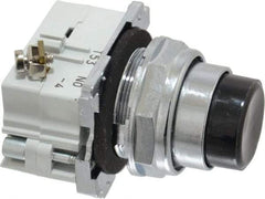 Eaton Cutler-Hammer - 30-1/2mm Mount Hole, Extended Straight, Pushbutton Switch with Contact Block - Round, Black Pushbutton, Nonilluminated, Momentary (MO), Corrosion Resistant, Oiltight and Watertight - Exact Tool & Supply