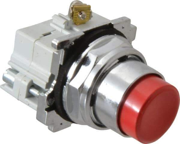 Eaton Cutler-Hammer - 30-1/2mm Mount Hole, Extended Straight, Pushbutton Switch with Contact Block - Round, Red Pushbutton, Nonilluminated, Momentary (MO), Corrosion Resistant, Oiltight and Watertight - Exact Tool & Supply