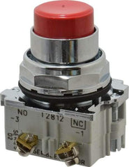 Eaton Cutler-Hammer - 30-1/2mm Mount Hole, Extended Straight, Pushbutton Switch with Contact Block - Round, Red Pushbutton, Nonilluminated, Momentary (MO), Corrosion Resistant, Oiltight and Watertight - Exact Tool & Supply