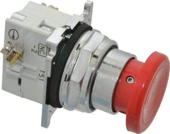 Eaton Cutler-Hammer - 30-1/2mm Mount Hole, Extended Mushroom Head, Pushbutton Switch with Contact Block - Round, Red Pushbutton, Nonilluminated, Momentary (MO), Corrosion Resistant, Oiltight and Watertight - Exact Tool & Supply