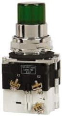 Eaton Cutler-Hammer - 30-1/2mm Mount Hole, Pushbutton Switch with Contact Block - Round, Green Pushbutton, Illuminated, Momentary (MO), Corrosion Resistant, Oiltight and Watertight - Exact Tool & Supply