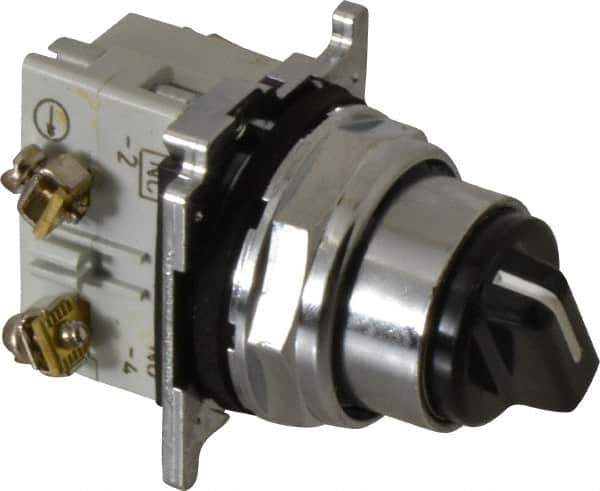 Eaton Cutler-Hammer - 30-1/2mm Mount Hole, 2 Position, Knob Operated, Selector Switch with Contact Blocks - Black, Maintained (MA), Nonilluminated, 1 Contact Block, NO/NC, Oil and Watertight - Exact Tool & Supply