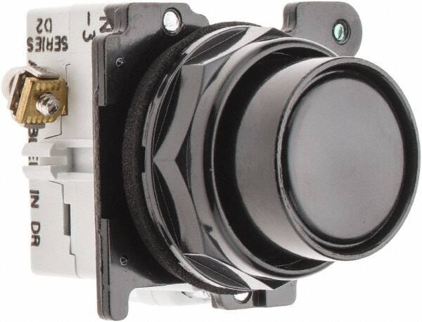Eaton Cutler-Hammer - 30-1/2mm Mount Hole, Flush, Pushbutton Switch with Contact Block - Round, Black Pushbutton, Nonilluminated, Momentary (MO), Corrosion Resistant, Oiltight and Watertight - Exact Tool & Supply