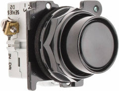 Eaton Cutler-Hammer - 30-1/2mm Mount Hole, Flush, Pushbutton Switch with Contact Block - Round, Black Pushbutton, Nonilluminated, Momentary (MO), Corrosion Resistant, Oiltight and Watertight - Exact Tool & Supply