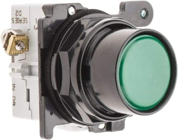 Eaton Cutler-Hammer - 30-1/2mm Mount Hole, Flush, Pushbutton Switch with Contact Block - Round, Green Pushbutton, Nonilluminated, Momentary (MO), Corrosion Resistant, Oiltight and Watertight - Exact Tool & Supply