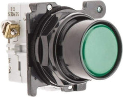 Eaton Cutler-Hammer - 30-1/2mm Mount Hole, Flush, Pushbutton Switch with Contact Block - Round, Green Pushbutton, Nonilluminated, Momentary (MO), Corrosion Resistant, Oiltight and Watertight - Exact Tool & Supply