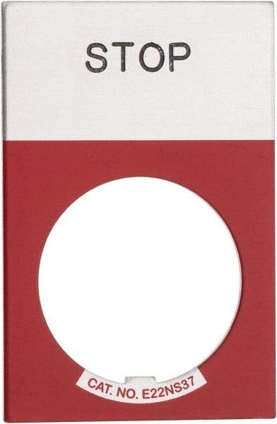 Eaton Cutler-Hammer - Rectangular, Aluminum Legend Plate - Stop - Silver Background, Black Letters, 22-1/2mm Hole Diameter, 1.17 Inch Wide x 1.77 Inch High - Exact Tool & Supply