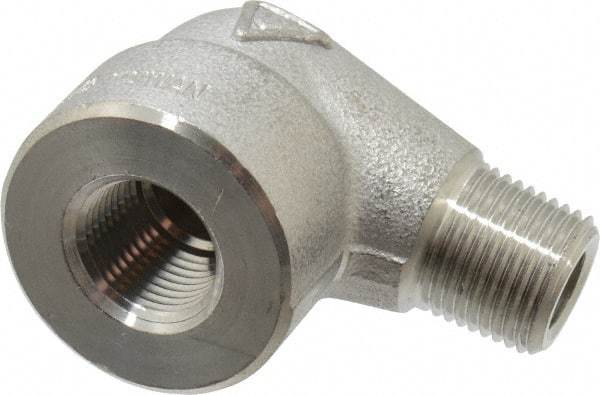 Merit Brass - 3/8" Grade 304/304L Stainless Steel Pipe 90° Street Elbow - FNPT x MNPT End Connections, 3,000 psi - Exact Tool & Supply