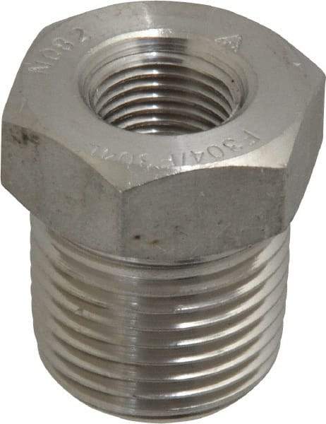 Merit Brass - 3/8 x 1/8" Grade 304/304L Stainless Steel Pipe Hex Bushing - MNPT x FNPT End Connections, 3,000 psi - Exact Tool & Supply