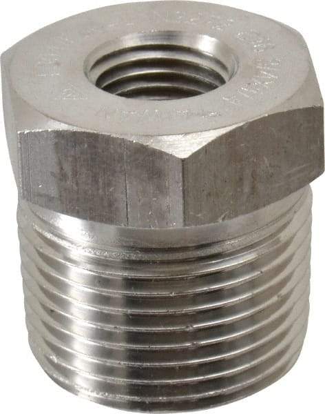 Merit Brass - 3/4 x 1/4" Grade 304/304L Stainless Steel Pipe Hex Bushing - MNPT x FNPT End Connections, 3,000 psi - Exact Tool & Supply