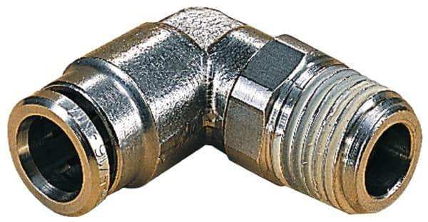 Norgren - 14mm Outside Diam, 3/8 BSPT, Nickel Plated Brass Push-to-Connect Tube Male Swivel Elbow - 260 Max psi, Tube to Male BSPT Connection, Nitrile O-Ring - Exact Tool & Supply