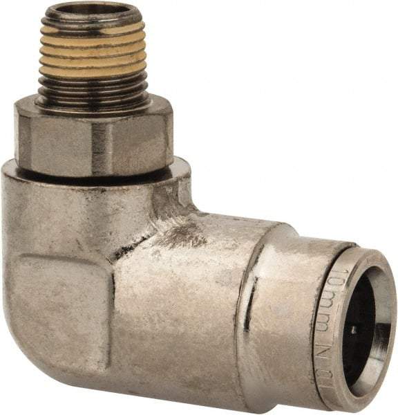Norgren - 10mm Outside Diam, 1/8 BSPT, Nickel Plated Brass Push-to-Connect Tube Male Swivel Elbow - 260 Max psi, Tube to Male BSPT Connection, Nitrile O-Ring - Exact Tool & Supply