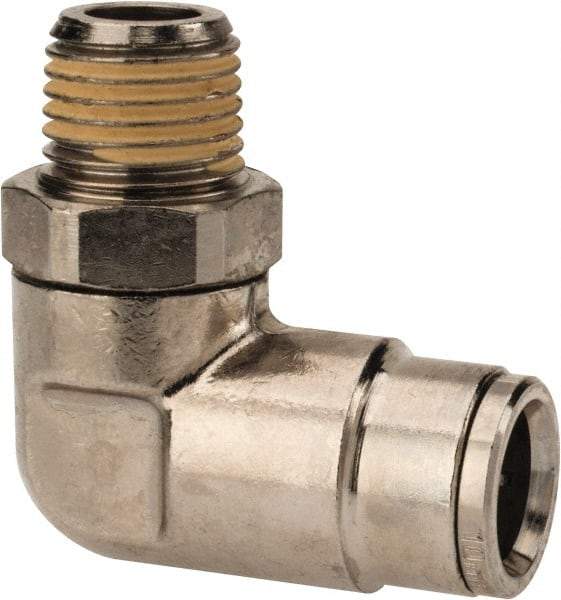 Norgren - 10mm Outside Diam, 1/4 BSPT, Nickel Plated Brass Push-to-Connect Tube Male Swivel Elbow - 260 Max psi, Tube to Male BSPT Connection, Nitrile O-Ring - Exact Tool & Supply