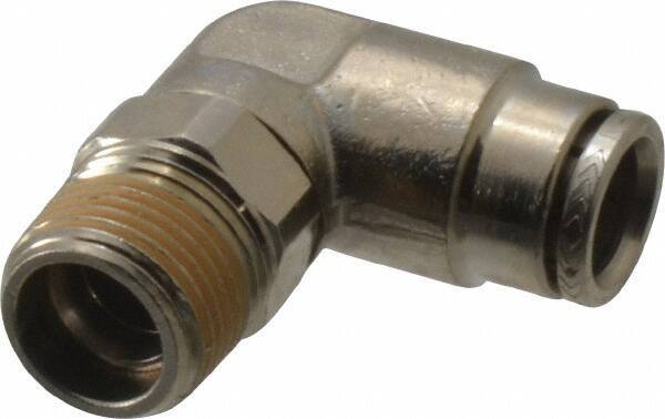Norgren - 10mm Outside Diam, 3/8 BSPT, Nickel Plated Brass Push-to-Connect Tube Male Swivel Elbow - 260 Max psi, Tube to Male BSPT Connection, Nitrile O-Ring - Exact Tool & Supply