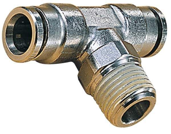 Norgren - 8mm Outside Diam, 3/8 BSPT, Nickel Plated Brass Push-to-Connect Tube Male Swivel Branch Tee - 260 Max psi, Tube to Male BSPT Connection, Nitrile O-Ring - Exact Tool & Supply