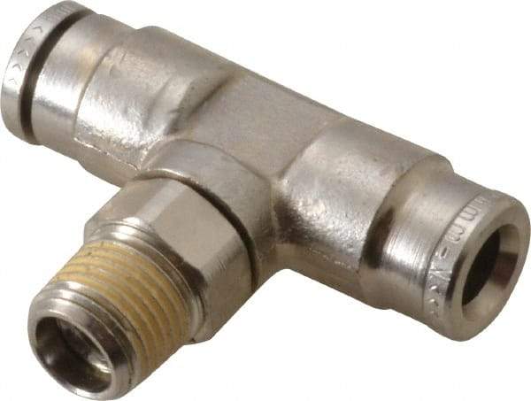Norgren - 6mm Outside Diam, 1/8 BSPT, Nickel Plated Brass Push-to-Connect Tube Male Swivel Branch Tee - 260 Max psi, Tube to Male BSPT Connection, Nitrile O-Ring - Exact Tool & Supply