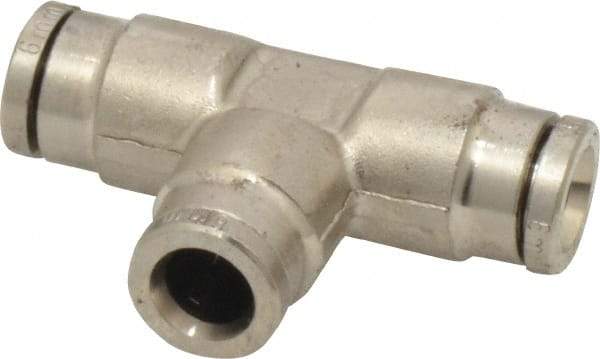 Norgren - 6mm Outside Diam, Nickel Plated Brass Push-to-Connect Tube Union Tee - 260 Max psi, Tube to Tube Connection, Nitrile O-Ring - Exact Tool & Supply
