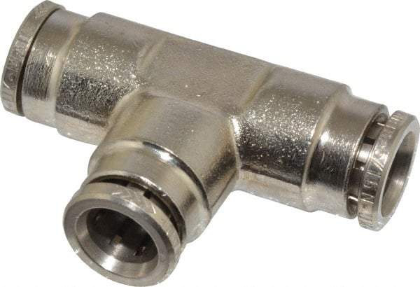 Norgren - 8mm Outside Diam, Nickel Plated Brass Push-to-Connect Tube Union Tee - 260 Max psi, Tube to Tube Connection, Nitrile O-Ring - Exact Tool & Supply