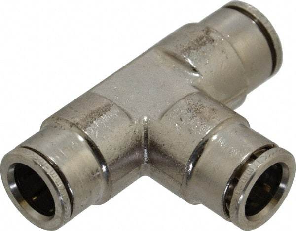 Norgren - 12mm Outside Diam, Nickel Plated Brass Push-to-Connect Tube Union Tee - 260 Max psi, Tube to Tube Connection, Nitrile O-Ring - Exact Tool & Supply