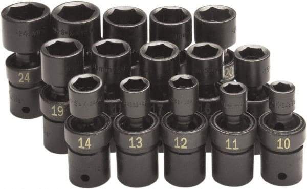 SK - 15 Piece 1/2" Drive Standard Impact Socket Set - 6 Points, 10 to 24mm, Metric Measurement Standard - Exact Tool & Supply
