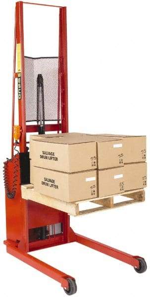 Wesco Industrial Products - 1,000 Lb Capacity, 56" Lift Height, Battery Powered Stacker - 3/4" Lowered Height, 13" Load Center, 25" Fork Length, 25" Overall Width - Exact Tool & Supply