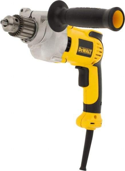 DeWALT - 1/2" Keyed Chuck, 0 to 1,250 RPM, Pistol Grip Handle Electric Drill - 10 Amps, Reversible, Includes 360° Locking Side Handle with Soft Grip & Chuck Key with Holder - Exact Tool & Supply