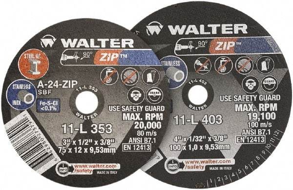 WALTER Surface Technologies - 4" 24 Grit Aluminum Oxide Cutoff Wheel - 1/16" Thick, 3/8" Arbor, 19,100 Max RPM, Use with Die Grinders - Exact Tool & Supply