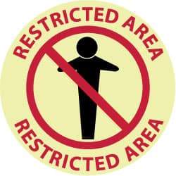 NMC - Restricted Area - Restricted Area, Anti-Skid Polyester Floor Sign - Round, Red & Black on Yellow (Glow), Adhesive Backed, For Security & Admittance - Exact Tool & Supply