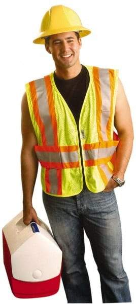 OccuNomix - Size XL/2XL High Visibility Yellow Mesh Expandable Vest - 50 to 56" Chest, ANSI 107-2015, Zipper Closure, 3 Pockets, Polyester - Exact Tool & Supply