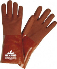 MCR Safety - Size L (9), 14" Long, 28 mil Thick, Supported, PVC Chemical Resistant Gloves - Rough Finish, Fleece/Jersey Lined, Red - Exact Tool & Supply